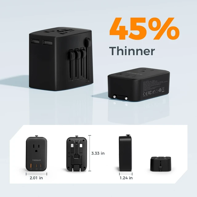 Alt view image 3 of 7 - International Power Adapter PD 20W, Black Ultra Thin Universal Adapter, 2 USB C 1 USB A, US to Europe UK Spain Australia France Germany Thailand, Type C G A I