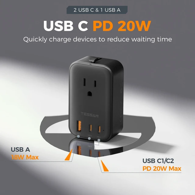 Alt view image 5 of 7 - International Power Adapter PD 20W, Black Ultra Thin Universal Adapter, 2 USB C 1 USB A, US to Europe UK Spain Australia France Germany Thailand, Type C G A I