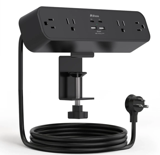 Main image of PD65W Desk Clamp Power Strip, 1080J Surge Protector, 2 USB C 4 Outlets, 5FT Extension Cord, Desk Organizer Gaming Accessories Office Essentials, Fit 1.96" Desk Edge, Black