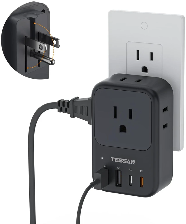 Main image of USB C Charger Block 20W PD, Fast Charging Adapter with Foldable Plug 1875W Power Outlet Extender(4 AC and 4 USB) for Cruise, Home, Office, Dorm Room Essentials, Black