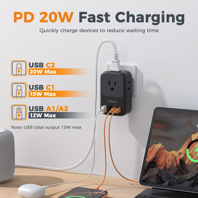Alt view image 2 of 7 - USB C Charger Block 20W PD, Fast Charging Adapter with Foldable Plug 1875W Power Outlet Extender(4 AC and 4 USB) for Cruise, Home, Office, Dorm Room Essentials, Black