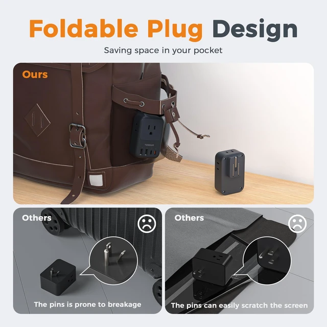 Alt view image 3 of 7 - USB C Charger Block 20W PD, Fast Charging Adapter with Foldable Plug 1875W Power Outlet Extender(4 AC and 4 USB) for Cruise, Home, Office, Dorm Room Essentials, Black