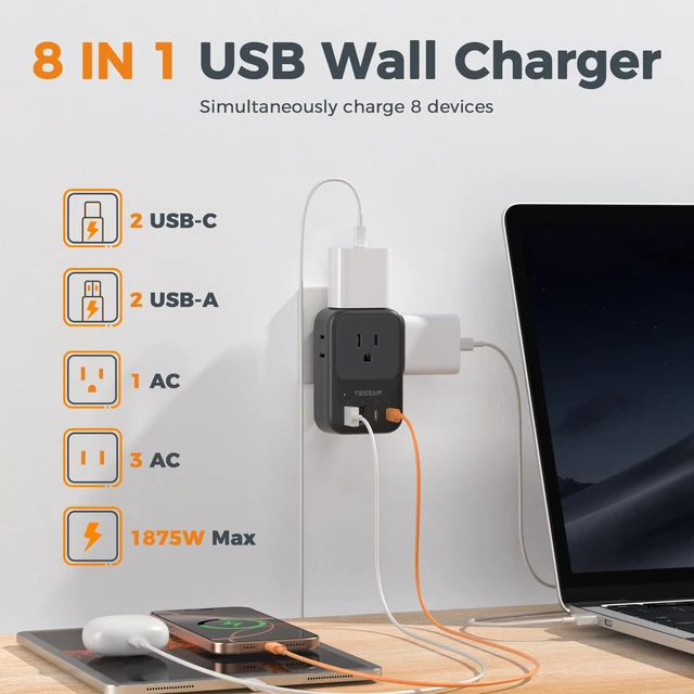Alt view image 4 of 7 - USB C Charger Block 20W PD, Fast Charging Adapter with Foldable Plug 1875W Power Outlet Extender(4 AC and 4 USB) for Cruise, Home, Office, Dorm Room Essentials, Black