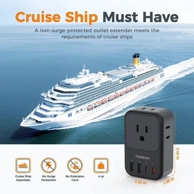 Alt view image 6 of 7 - USB C Charger Block 20W PD, Fast Charging Adapter with Foldable Plug 1875W Power Outlet Extender(4 AC and 4 USB) for Cruise, Home, Office, Dorm Room Essentials, Black