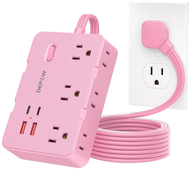 Main image of Pink Flat Plug Power Strip, 5Ft Extension Cord with 6 Outlets 4 USB 1050J Surge Protection, Kawaii Pink Design Adds Style to Any Space, Perfect for Dorm Room, Desk, Bedroom, Nightstand,1625/13A