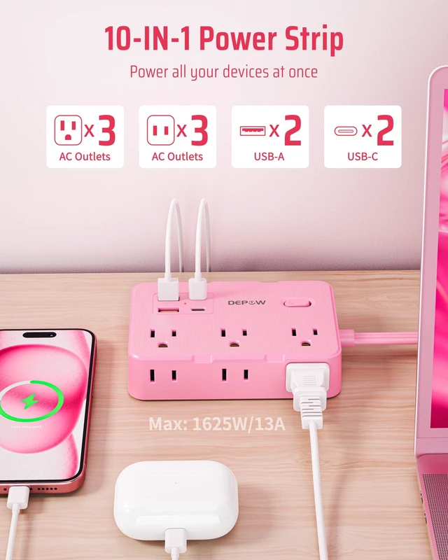 Alt view image 2 of 7 - Pink Flat Plug Power Strip, 5Ft Extension Cord with 6 Outlets 4 USB 1050J Surge Protection, Kawaii Pink Design Adds Style to Any Space, Perfect for Dorm Room, Desk, Bedroom, Nightstand,1625/13A