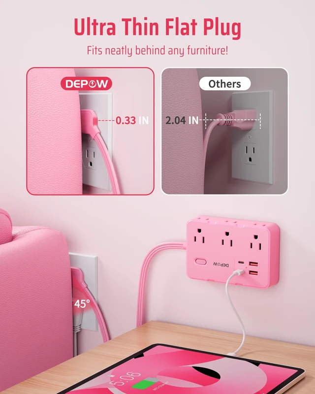 Alt view image 3 of 7 - Pink Flat Plug Power Strip, 5Ft Extension Cord with 6 Outlets 4 USB 1050J Surge Protection, Kawaii Pink Design Adds Style to Any Space, Perfect for Dorm Room, Desk, Bedroom, Nightstand,1625/13A