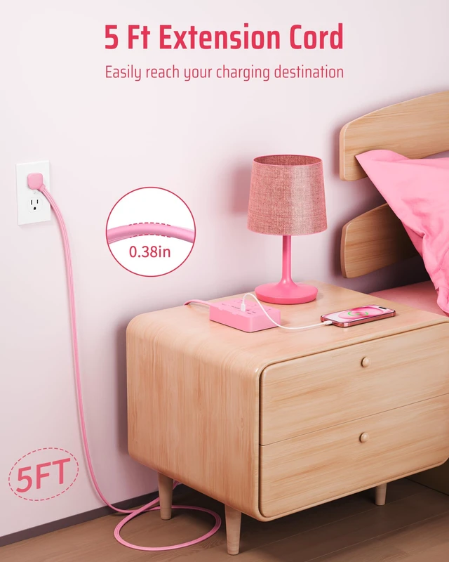 Alt view image 4 of 7 - Pink Flat Plug Power Strip, 5Ft Extension Cord with 6 Outlets 4 USB 1050J Surge Protection, Kawaii Pink Design Adds Style to Any Space, Perfect for Dorm Room, Desk, Bedroom, Nightstand,1625/13A