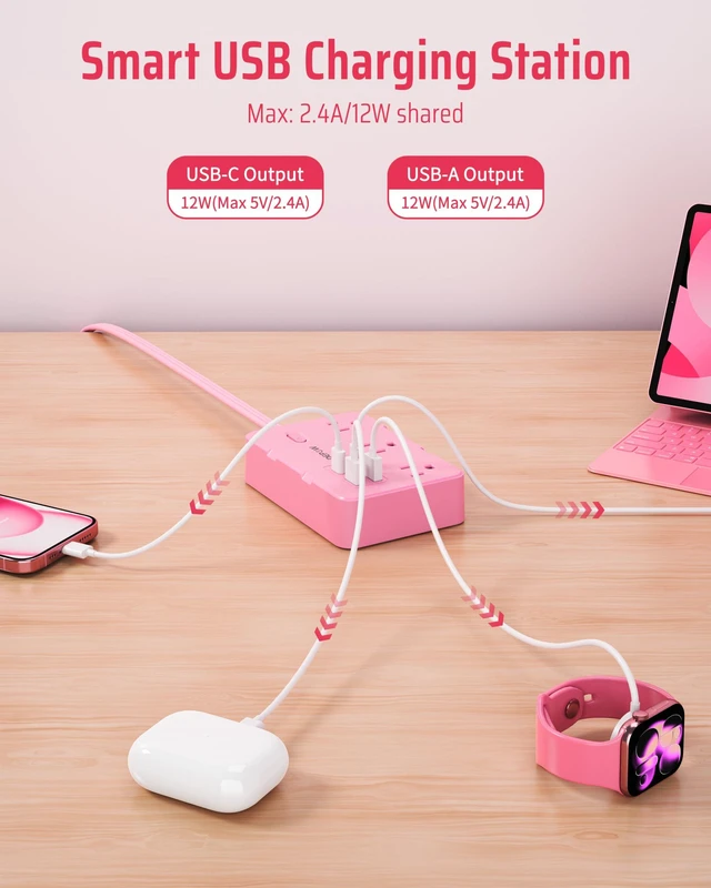 Alt view image 5 of 7 - Pink Flat Plug Power Strip, 5Ft Extension Cord with 6 Outlets 4 USB 1050J Surge Protection, Kawaii Pink Design Adds Style to Any Space, Perfect for Dorm Room, Desk, Bedroom, Nightstand,1625/13A