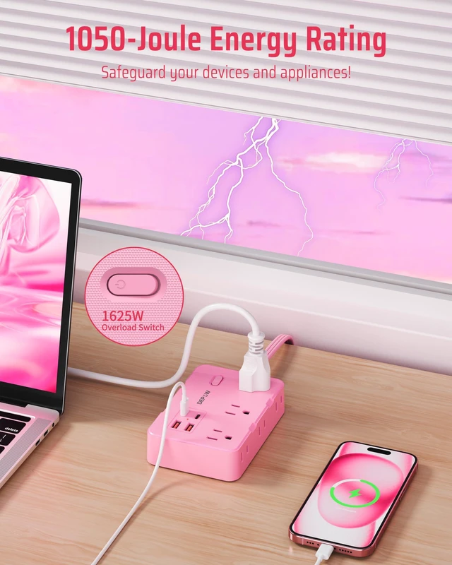 Alt view image 6 of 7 - Pink Flat Plug Power Strip, 5Ft Extension Cord with 6 Outlets 4 USB 1050J Surge Protection, Kawaii Pink Design Adds Style to Any Space, Perfect for Dorm Room, Desk, Bedroom, Nightstand,1625/13A