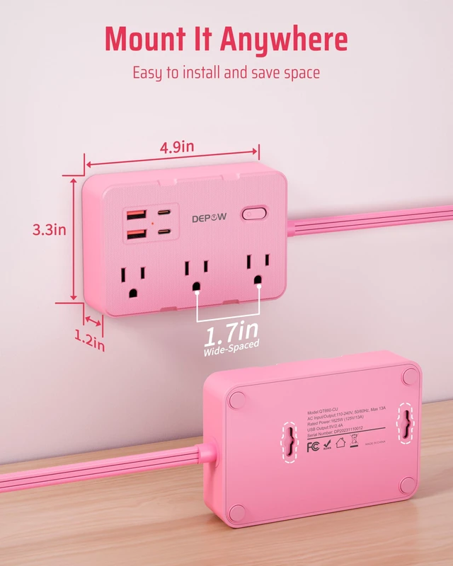 Alt view image 7 of 7 - Pink Flat Plug Power Strip, 5Ft Extension Cord with 6 Outlets 4 USB 1050J Surge Protection, Kawaii Pink Design Adds Style to Any Space, Perfect for Dorm Room, Desk, Bedroom, Nightstand,1625/13A