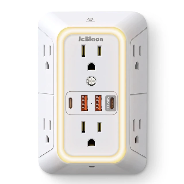 Main image of Surge Protector Outlet Extender, 6 Outlet Splitter and 4 USB Ports (PD 20W USB-C) with Night Light, 3 Sided Multi Plug Wall Adapter Power Strip for Home Travel Office-ETL