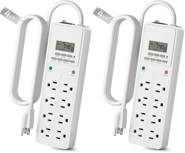 Main image of 8 Outlet Surge Protector with 7-Day Digital Timer (4 Outlets Timed, 4 Outlets Always On) - White (Pack of 2)