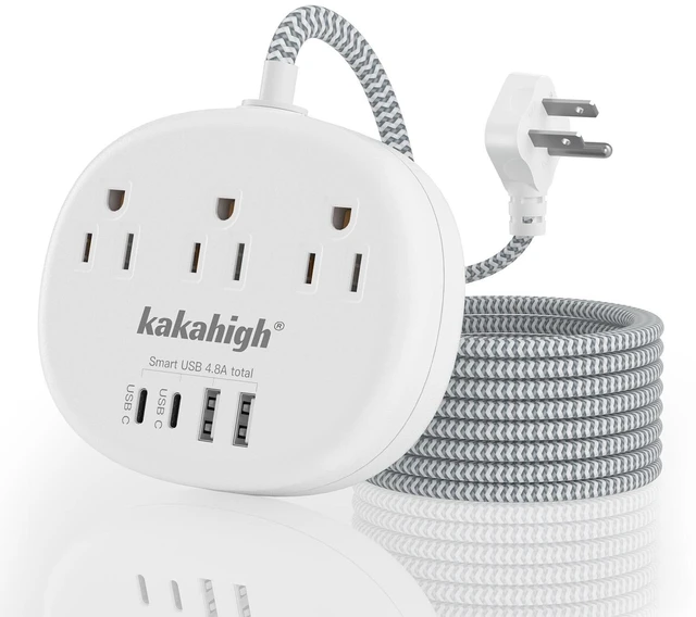 Main image of White Extension Cord - Braided Extension Cord 10 Feet 13 Amp (1625W) Power Strip with 3 AC Outlet 4 USB (24W/4.8A), College Dorm Room Essentials, White
