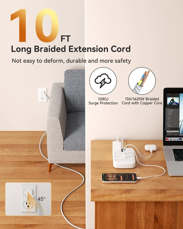 Alt view image 2 of 7 - 10FT Extension Cord with 6 USB(3 USB C) 8 Outlets, Flat Plug Power Strip 1625W, USB-C(15W), Surge Protector, Charging Station for Multiple Devices, For Home Office Dorm Kitchen Bathroom