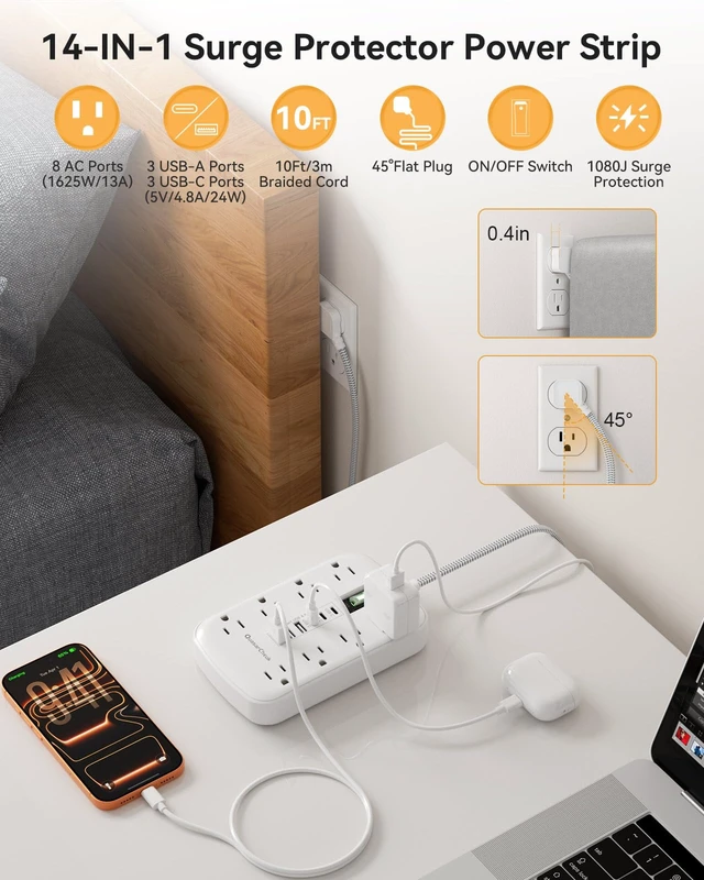 Alt view image 3 of 7 - 10FT Extension Cord with 6 USB(3 USB C) 8 Outlets, Flat Plug Power Strip 1625W, USB-C(15W), Surge Protector, Charging Station for Multiple Devices, For Home Office Dorm Kitchen Bathroom