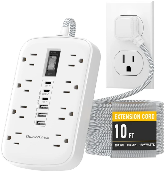 Main image of 10FT Extension Cord with 6 USB(3 USB C) 8 Outlets, Flat Plug Power Strip 1625W, USB-C(15W), Surge Protector, Charging Station for Multiple Devices, For Home Office Dorm Kitchen Bathroom