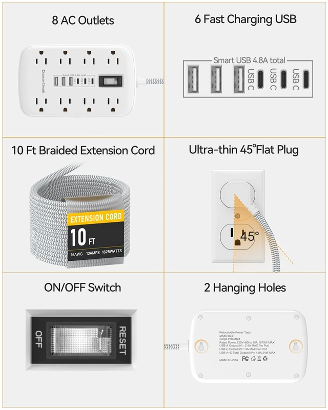 Alt view image 4 of 7 - 10FT Extension Cord with 6 USB(3 USB C) 8 Outlets, Flat Plug Power Strip 1625W, USB-C(15W), Surge Protector, Charging Station for Multiple Devices, For Home Office Dorm Kitchen Bathroom