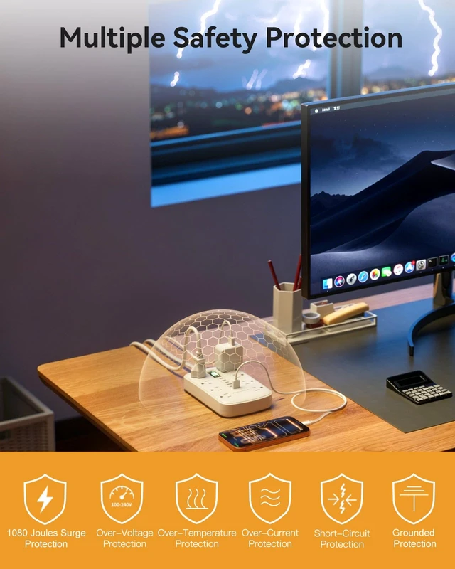 Alt view image 7 of 7 - 10FT Extension Cord with 6 USB(3 USB C) 8 Outlets, Flat Plug Power Strip 1625W, USB-C(15W), Surge Protector, Charging Station for Multiple Devices, For Home Office Dorm Kitchen Bathroom