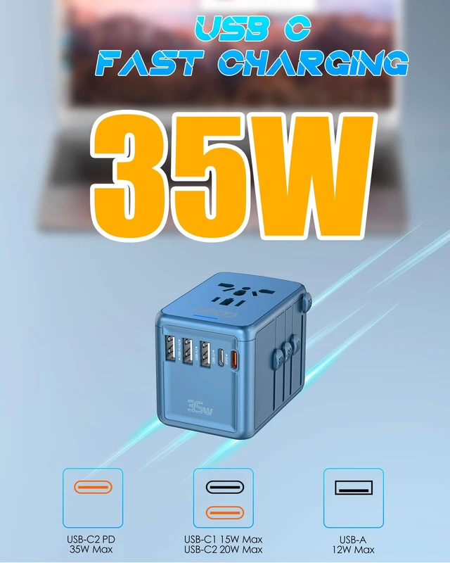 Alt view image 2 of 7 - Universal Travel Adapter, 35W PD Fast Charging, 5 USB C/A Ports 2500W AC Outlet, International Power Adapter for Europe UK US AU 200+ Countries, PD Fast Charger for iPhone, MacBook,Tablet