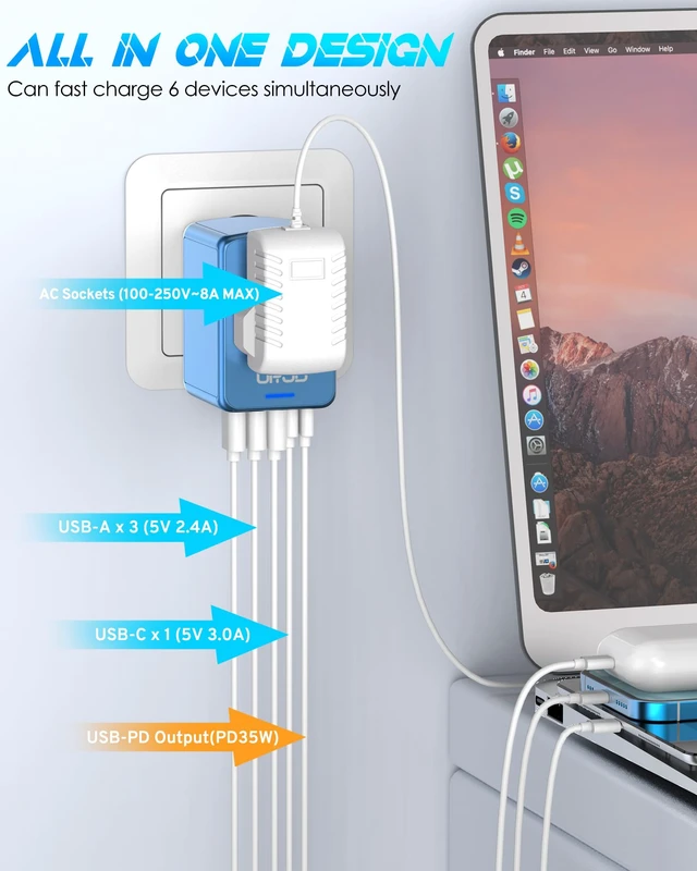 Alt view image 3 of 7 - Universal Travel Adapter, 35W PD Fast Charging, 5 USB C/A Ports 2500W AC Outlet, International Power Adapter for Europe UK US AU 200+ Countries, PD Fast Charger for iPhone, MacBook,Tablet