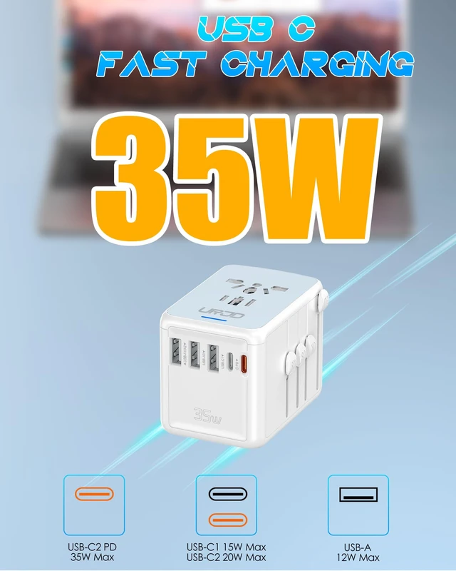 Alt view image 2 of 7 - Universal Travel Adapter, 35W PD Fast Charging, 5 USB C/A Ports 2500W AC Outlet, International Power Adapter for Europe UK US AU 200+ Countries, PD Fast Charger for iPhone, MacBook,Tablet
