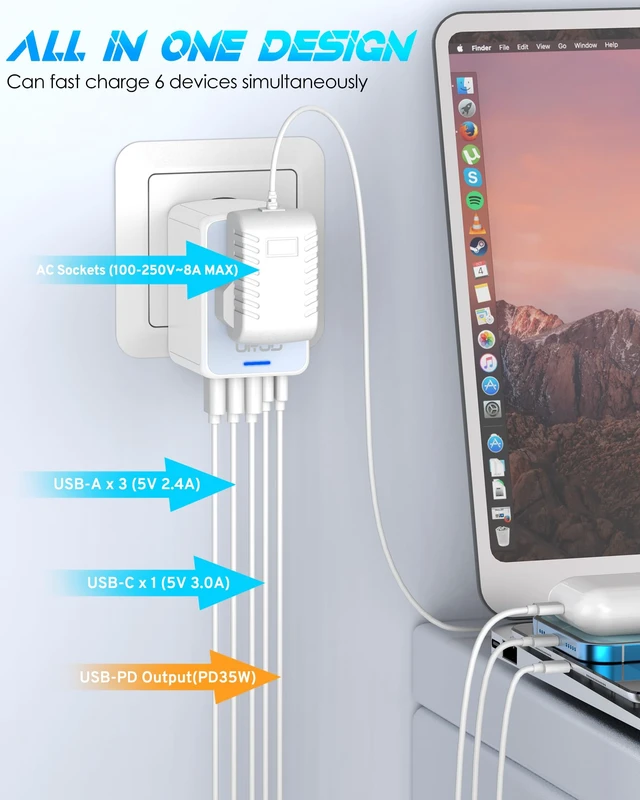 Alt view image 3 of 7 - Universal Travel Adapter, 35W PD Fast Charging, 5 USB C/A Ports 2500W AC Outlet, International Power Adapter for Europe UK US AU 200+ Countries, PD Fast Charger for iPhone, MacBook,Tablet