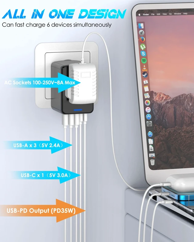 Alt view image 3 of 7 - Universal Travel Adapter, 35W PD Fast Charging, 5 USB C/A Ports 2500W AC Outlet, International Power Adapter for Europe UK US AU 200+ Countries, PD Fast Charger for iPhone, MacBook,Tablet