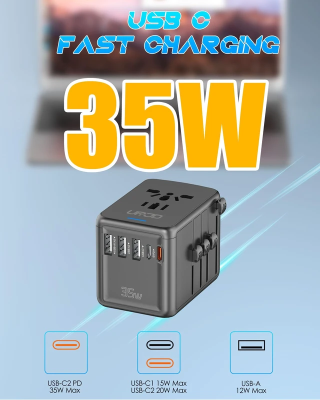 Alt view image 2 of 7 - Universal Travel Adapter, 35W PD Fast Charging, 5 USB C/A Ports 2500W AC Outlet, International Power Adapter for Europe UK US AU 200+ Countries, PD Fast Charger for iPhone, MacBook,Tablet