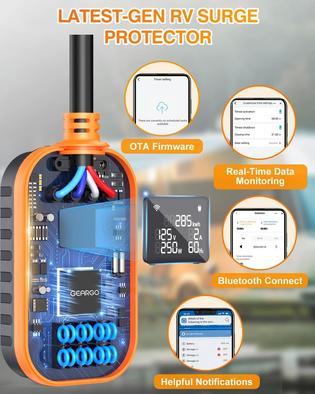 Alt view image 4 of 7 - - RV Surge Protector 30 Amp with WiFi & APP, 15000J Circuit Analyzer with Large LED Screen, Real-Time Monitoror, IP68 Waterproof with Protective Cover for Camper Travel Trailer