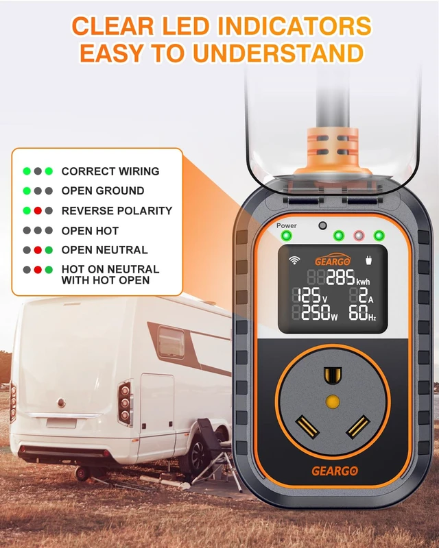 Alt view image 3 of 7 - - RV Surge Protector 30 Amp with WiFi & APP, 15000J Circuit Analyzer with Large LED Screen, Real-Time Monitoror, IP68 Waterproof with Protective Cover for Camper Travel Trailer