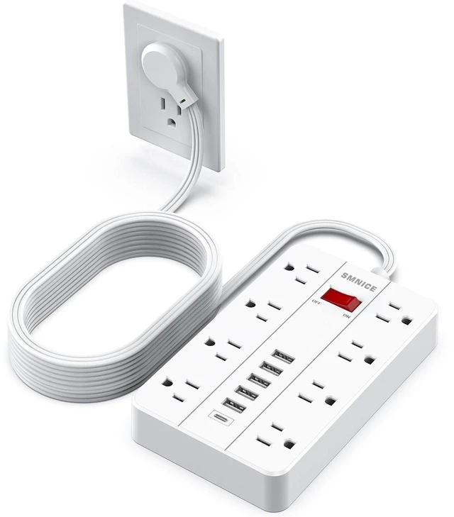 Main image of Flat Extension Cord 15 Ft, Power Strip with Widely Spaced Outlet 8 Outlet and 6 USB(1USB C) Ports, Wall Mount Long Charging Station for Dorm Home, Office Accessories,White