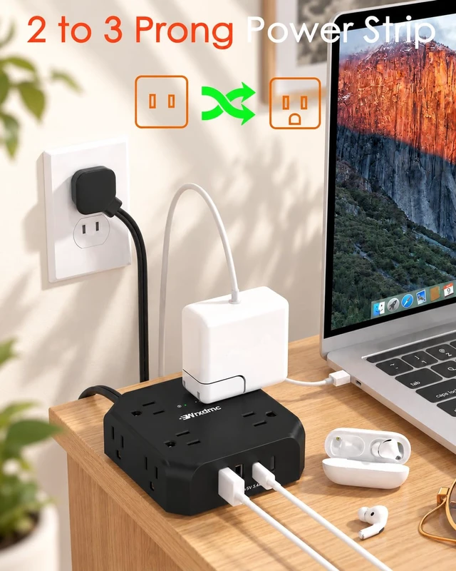 Alt view image 2 of 7 - 2 Prong Power Strip, 2 Prong to 3 Prong Outlet Adapter, Black, 1625W 1400J Two Prong Surge Protector, Flat Polarized Plug, 8 AC with 2 USB C and 2 USB A, Wall Mountable, Ideal for Old House