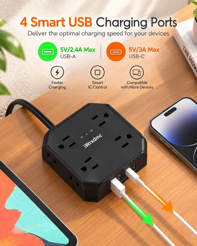 Alt view image 5 of 7 - 2 Prong Power Strip, 2 Prong to 3 Prong Outlet Adapter, Black, 1625W 1400J Two Prong Surge Protector, Flat Polarized Plug, 8 AC with 2 USB C and 2 USB A, Wall Mountable, Ideal for Old House