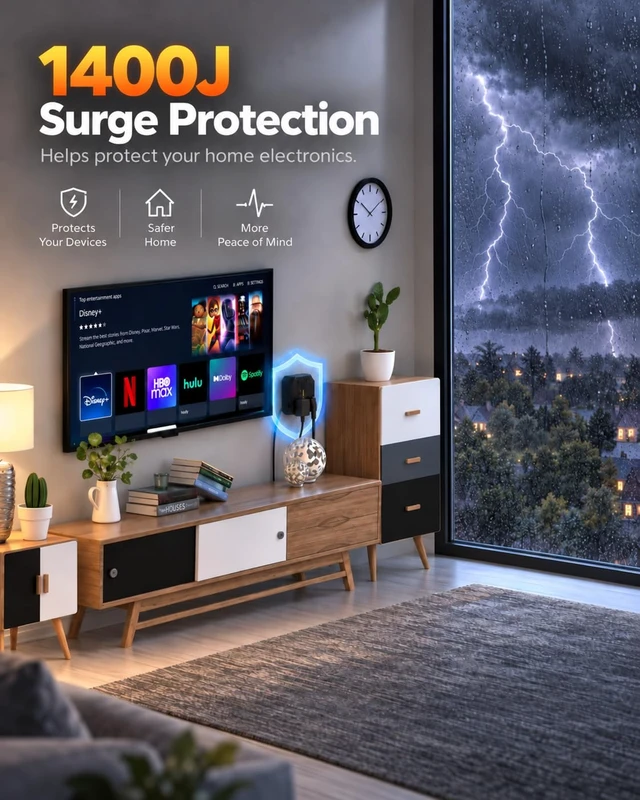Alt view image 6 of 7 - 2 Prong Power Strip, 2 Prong to 3 Prong Outlet Adapter, Black, 1625W 1400J Two Prong Surge Protector, Flat Polarized Plug, 8 AC with 2 USB C and 2 USB A, Wall Mountable, Ideal for Old House