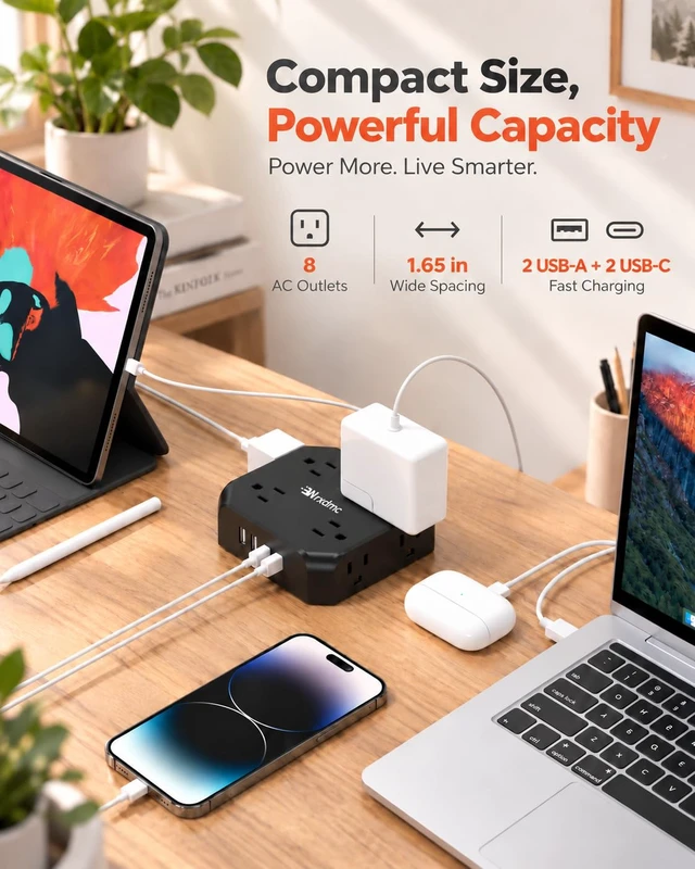 Alt view image 4 of 7 - 2 Prong Power Strip, 2 Prong to 3 Prong Outlet Adapter, Black, 1625W 1400J Two Prong Surge Protector, Flat Polarized Plug, 8 AC with 2 USB C and 2 USB A, Wall Mountable, Ideal for Old House