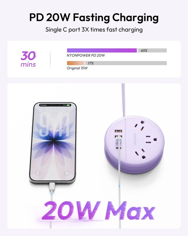 Alt view image 3 of 7 - Purple Travel Power Strip 20W, Travel Essentials, Cruise Essentials 2026 3 Outlets 4 USB Ports(2 USB C), 4FT Wrapped Around Extension Cord for Travel Cruise Ship Beach Vacation Essentials