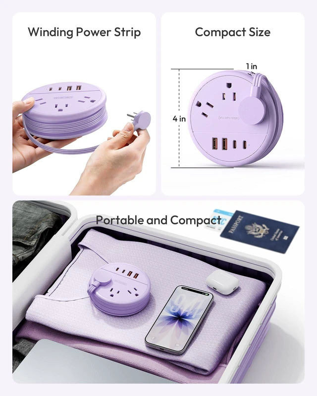 Alt view image 2 of 7 - Purple Travel Power Strip 20W, Travel Essentials, Cruise Essentials 2026 3 Outlets 4 USB Ports(2 USB C), 4FT Wrapped Around Extension Cord for Travel Cruise Ship Beach Vacation Essentials