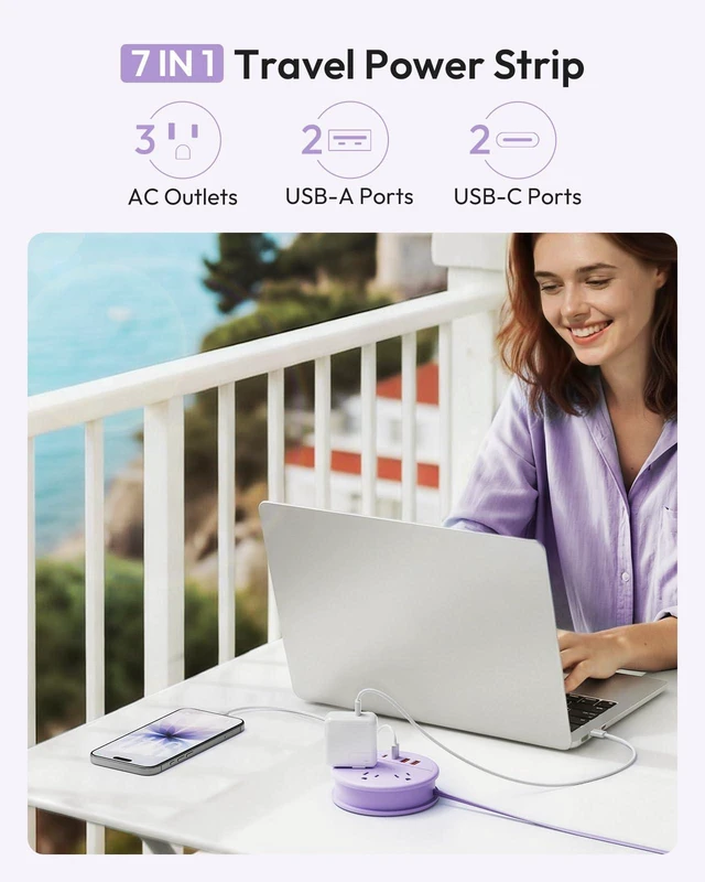 Alt view image 4 of 7 - Purple Travel Power Strip 20W, Travel Essentials, Cruise Essentials 2026 3 Outlets 4 USB Ports(2 USB C), 4FT Wrapped Around Extension Cord for Travel Cruise Ship Beach Vacation Essentials