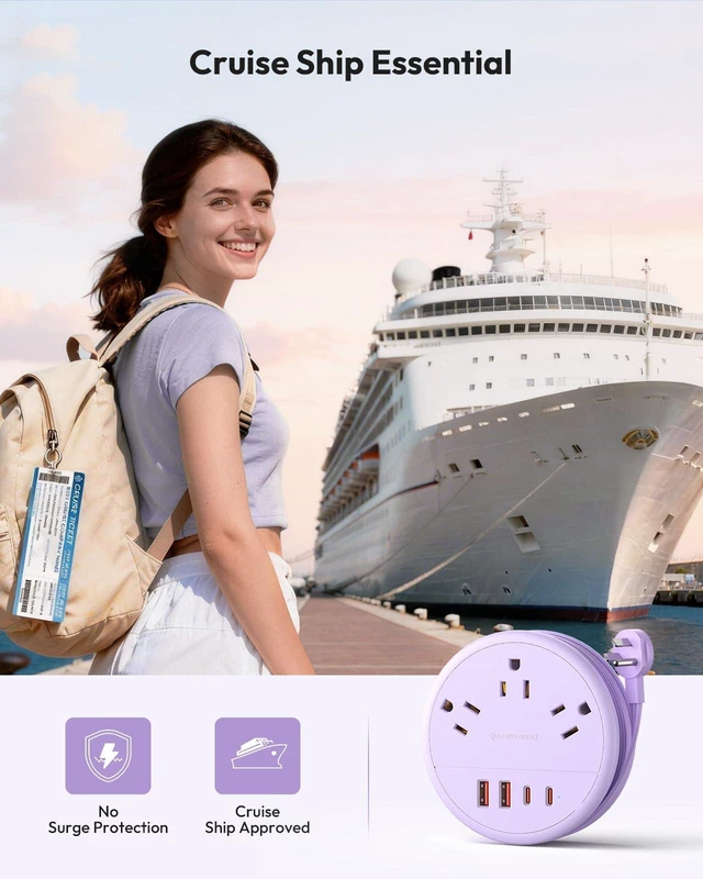 Alt view image 5 of 7 - Purple Travel Power Strip 20W, Travel Essentials, Cruise Essentials 2026 3 Outlets 4 USB Ports(2 USB C), 4FT Wrapped Around Extension Cord for Travel Cruise Ship Beach Vacation Essentials