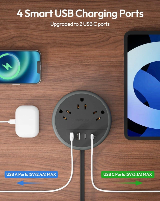 Alt view image 2 of 7 - Flat Plug Extension Cord, 2 USB C Travel Power Strip with 3 Outlets 4 USB Ports, 4ft Flat Extension Cord, Portable Power Strip Mountable for Travel Cruise Ship Essentials Home Black