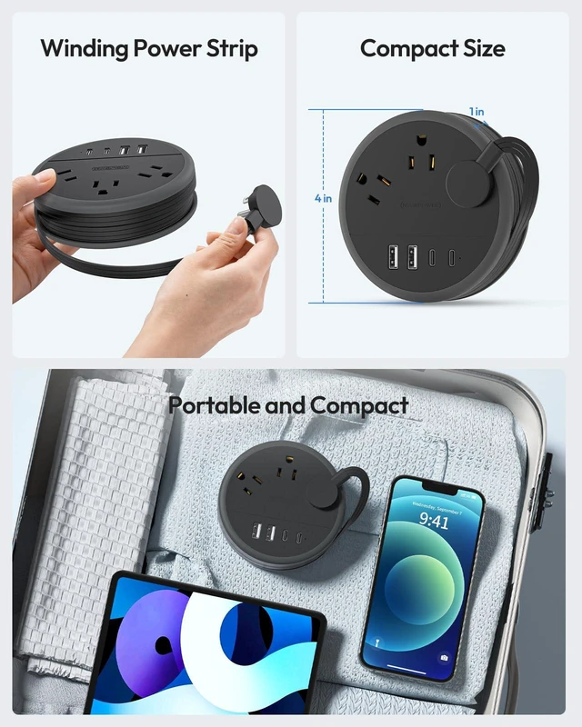 Alt view image 4 of 7 - Flat Plug Extension Cord, 2 USB C Travel Power Strip with 3 Outlets 4 USB Ports, 4ft Flat Extension Cord, Portable Power Strip Mountable for Travel Cruise Ship Essentials Home Black