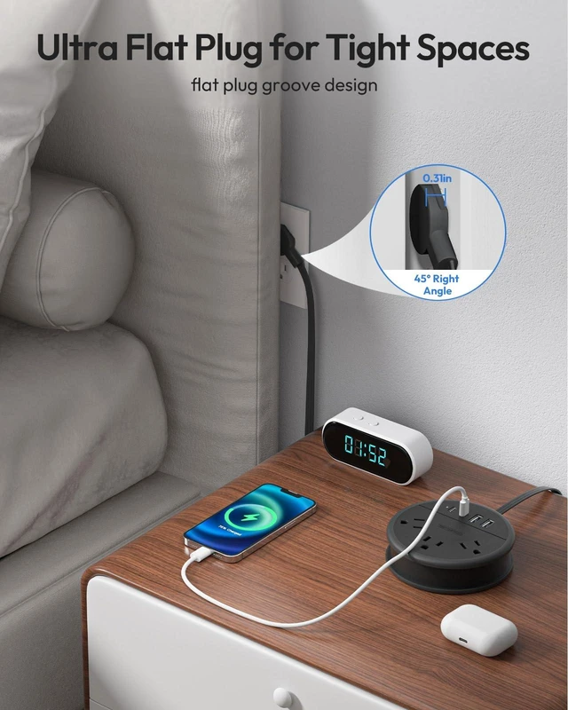Alt view image 5 of 7 - Flat Plug Extension Cord, 2 USB C Travel Power Strip with 3 Outlets 4 USB Ports, 4ft Flat Extension Cord, Portable Power Strip Mountable for Travel Cruise Ship Essentials Home Black