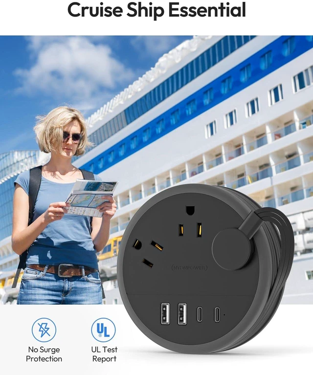 Alt view image 7 of 7 - Flat Plug Extension Cord, 2 USB C Travel Power Strip with 3 Outlets 4 USB Ports, 4ft Flat Extension Cord, Portable Power Strip Mountable for Travel Cruise Ship Essentials Home Black