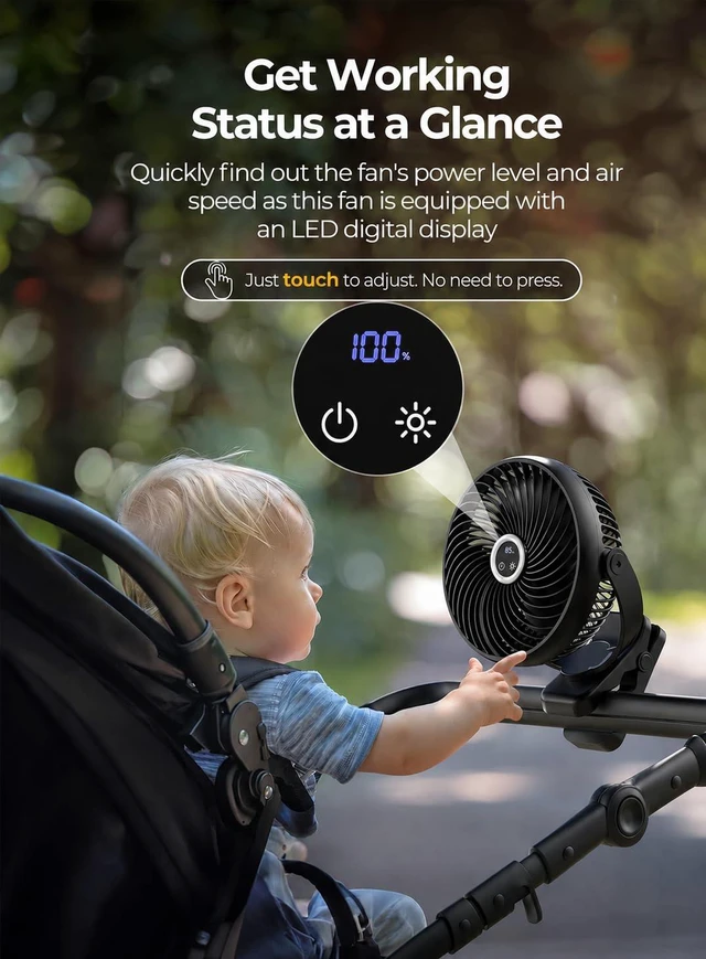 Alt view image 4 of 7 - 8'' 10000mAh Portable Clip on Fan with LED Lantern and Hook Battery Operated Desk Fan, Quiet Camping Fan with LED Digital Display, 360° Rotation & 3 Speeds for Travel Tent Gym Treadmill