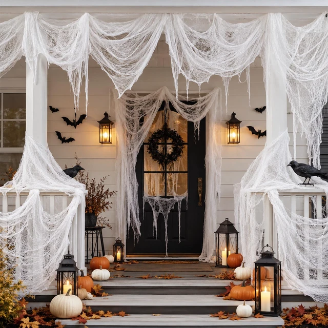 Alt view image 2 of 7 - 400x80 Inch Oversized Halloween White Creepy Cloth 33x6.5ft Spooky Fabric Cloth for Haunted House Creepy and Spooky Halloween Decorations for Party Outdoor Or Indoor