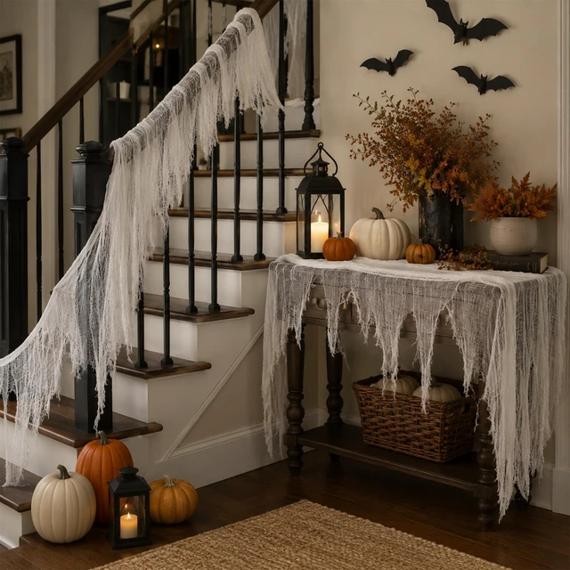 Alt view image 3 of 7 - 400x80 Inch Oversized Halloween White Creepy Cloth 33x6.5ft Spooky Fabric Cloth for Haunted House Creepy and Spooky Halloween Decorations for Party Outdoor Or Indoor