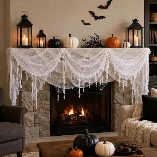 Alt view image 5 of 7 - 400x80 Inch Oversized Halloween White Creepy Cloth 33x6.5ft Spooky Fabric Cloth for Haunted House Creepy and Spooky Halloween Decorations for Party Outdoor Or Indoor
