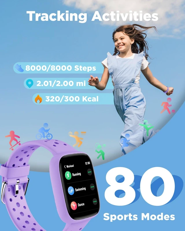 Alt view image 3 of 7 - Kids Smart Watch No Phone Needed, 1.8" Fitness Tracker Watch Pedometer, Heart Rate, Sleep Monitor, IP68 Waterproof, Step Counter, Puzzle Games for Girls Teens 5-16, Lilac