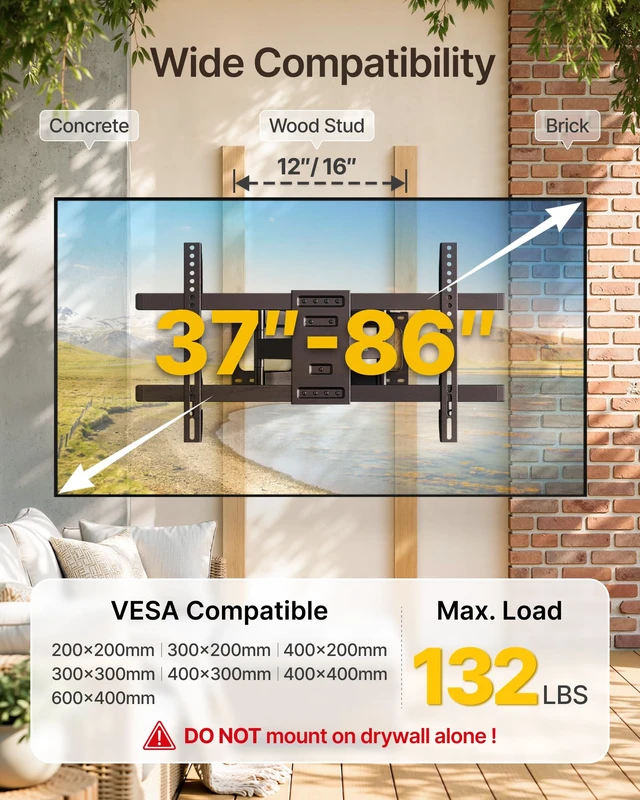 Alt view image 2 of 7 - Outdoor Full Motion TV Wall Mount for 37-86 Inch TVs, Holds 132 lbs Weatherproof Bracket for Patio and Gazebo, 96H Salt Spray Tested, Stainless Steel Hardware, ±60° Swivel, VESA 600x400mm